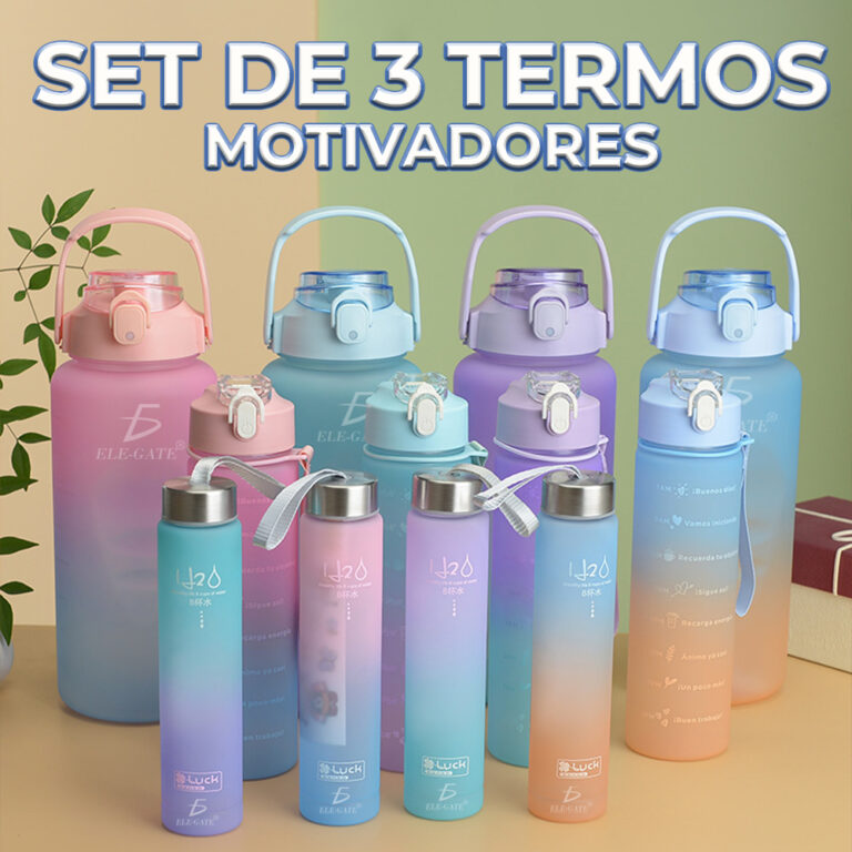 Botellas Vasos En Trio Motivacional Agua Popote Gym Ele Gate