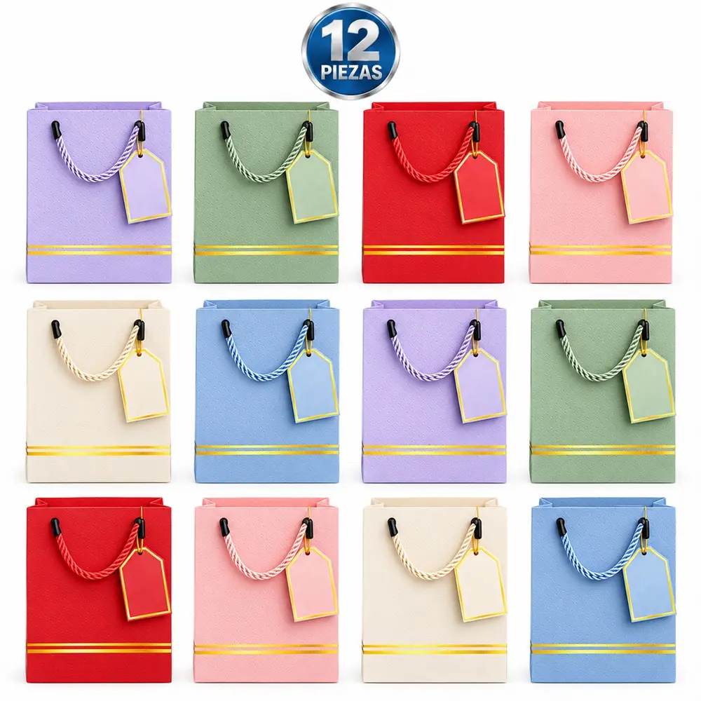 Bolsas de regalo con asas y etiqueta, paquete de 12 piezas