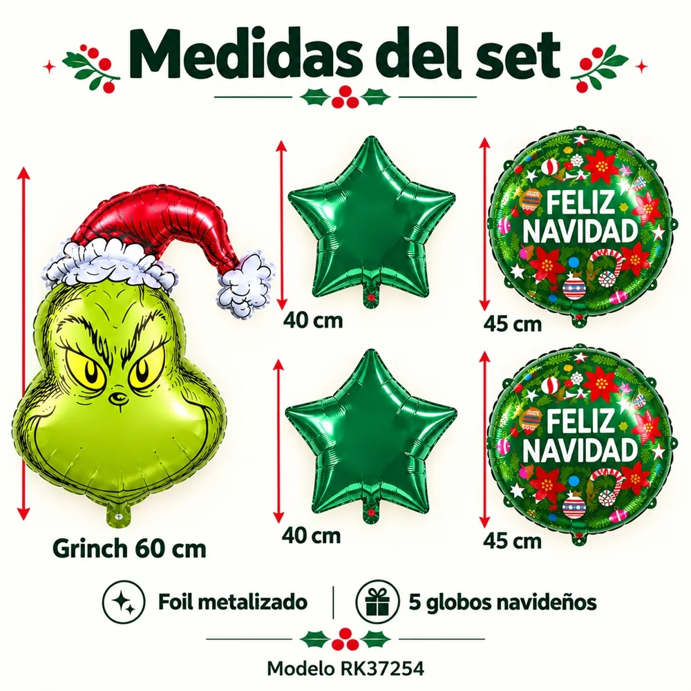 Kit De 5 Globos Navideños De Foil Metalizado, Personaje Verde 60 Cm - Imagen 4