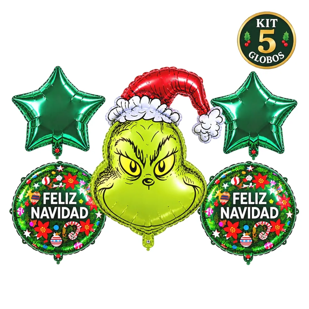 Kit De 5 Globos Navideños De Foil Metalizado, Personaje Verde 60 Cm