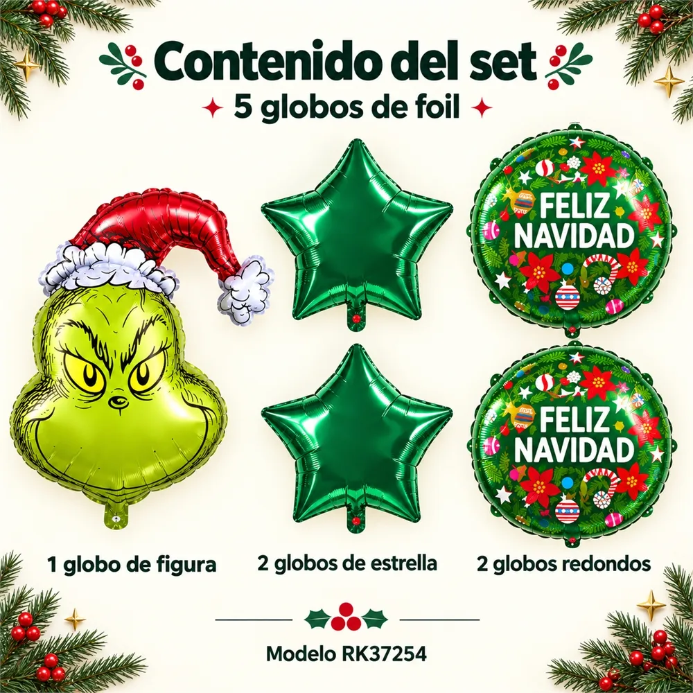 Kit De 5 Globos Navideños De Foil Metalizado, Personaje Verde 60 Cm - Imagen 3