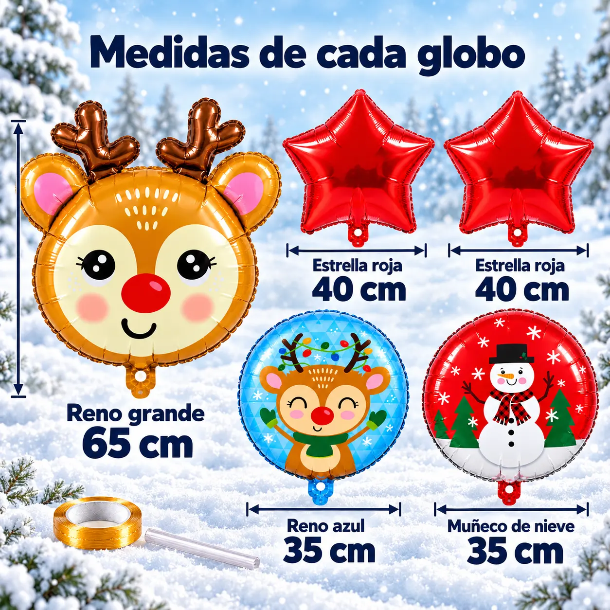 Kit De 5 Globos Metálicos Navideños Con Reno Y Estrellas - Imagen 4