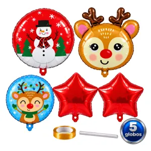 Kit De 5 Globos Metálicos Navideños Con Reno Y Estrellas