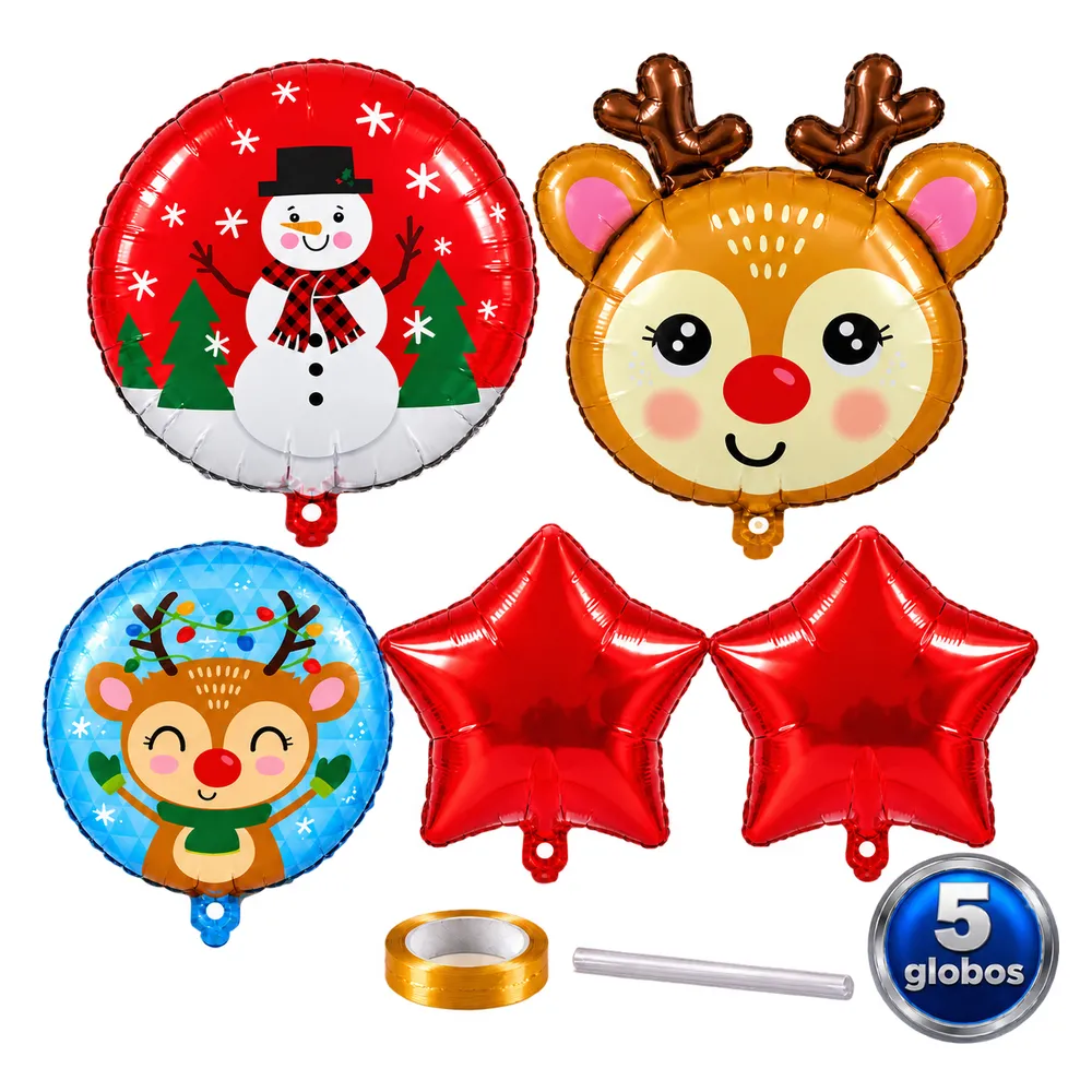 Kit De 5 Globos Metálicos Navideños Con Reno Y Estrellas