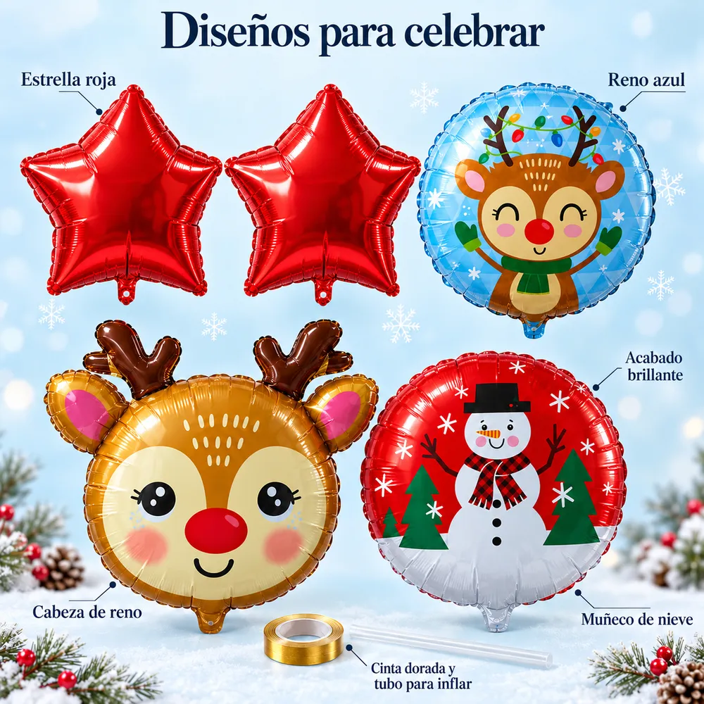 Kit De 5 Globos Metálicos Navideños Con Reno Y Estrellas - Imagen 2