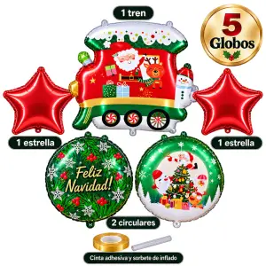 Kit de 5 globos navideños con tren de Santa de 65 cm
