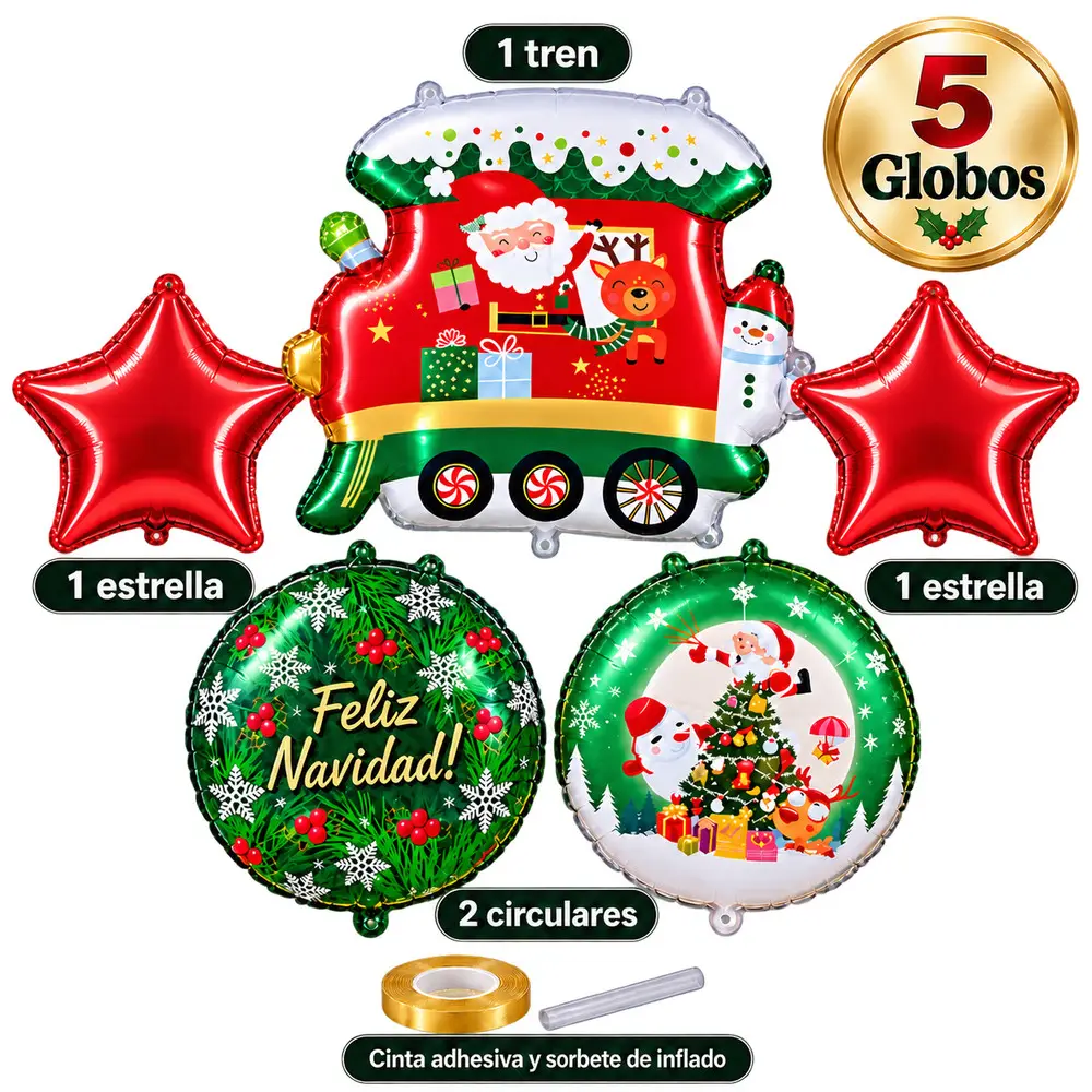 Kit de 5 globos navideños con tren de Santa de 65 cm