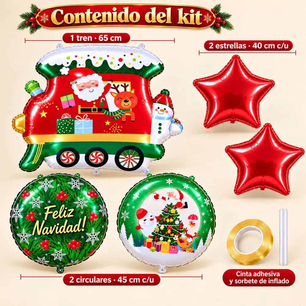 Kit de 5 globos navideños con tren de Santa de 65 cm - Imagen 2