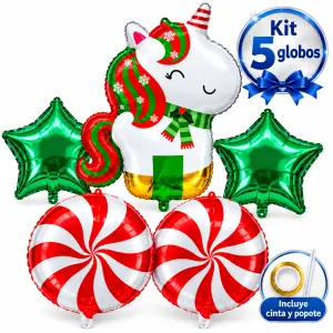 Kit De 5 Globos Metálicos Navideños Con Unicornio