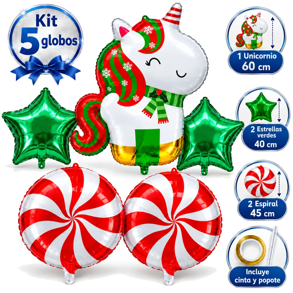 Kit De 5 Globos Metálicos Navideños Con Unicornio - Imagen 4