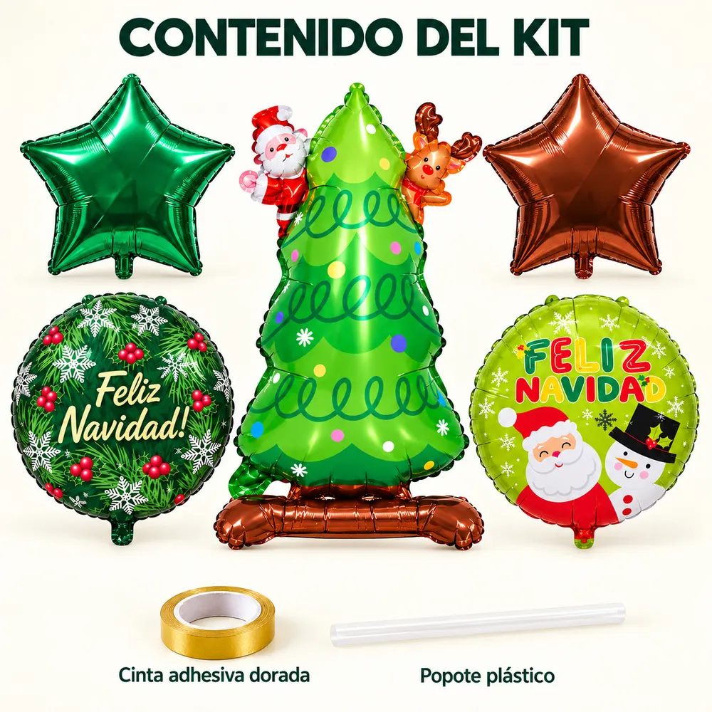 Kit De 5 Globos Navideños Metálicos, Árbol De Navidad 60 Cm, 2 Estrellas 40 Cm Y 2 Globos Redondos 4 - Imagen 3
