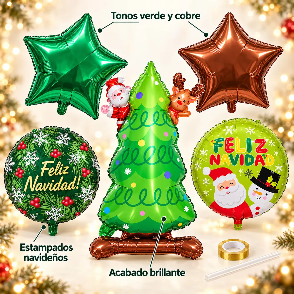 Kit De 5 Globos Navideños Metálicos, Árbol De Navidad 60 Cm, 2 Estrellas 40 Cm Y 2 Globos Redondos 4 - Imagen 2