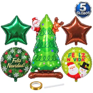 Kit De 5 Globos Navideños Metálicos, Árbol De Navidad 60 Cm, 2 Estrellas 40 Cm Y 2 Globos Redondos 4