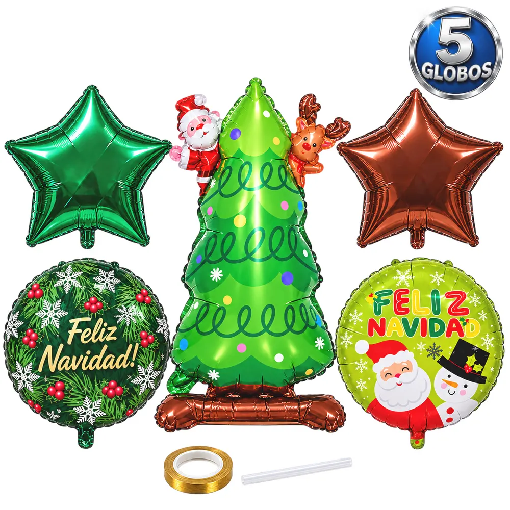 Kit De 5 Globos Navideños Metálicos, Árbol De Navidad 60 Cm, 2 Estrellas 40 Cm Y 2 Globos Redondos 4