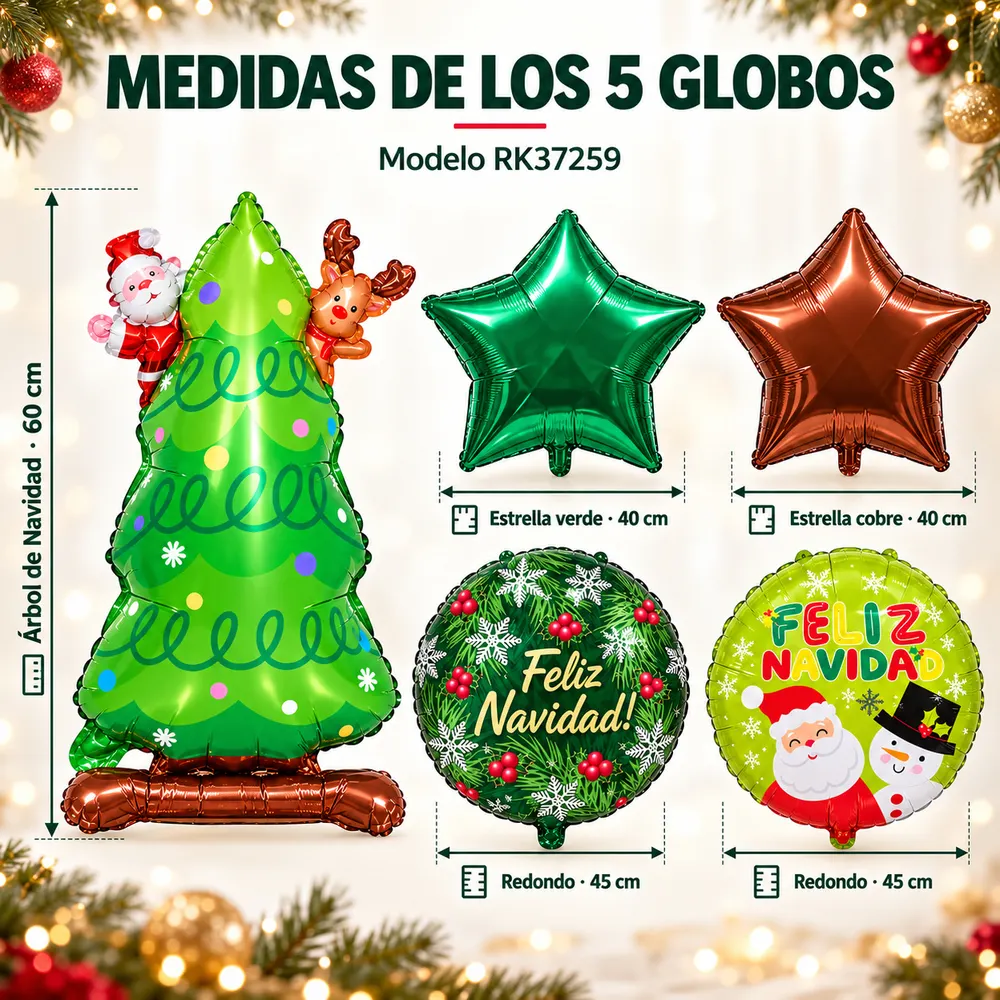 Kit De 5 Globos Navideños Metálicos, Árbol De Navidad 60 Cm, 2 Estrellas 40 Cm Y 2 Globos Redondos 4 - Imagen 4