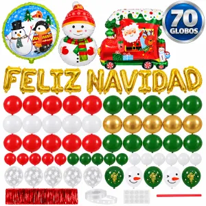 Kit de 70 globos navideños con letras y cortina roja