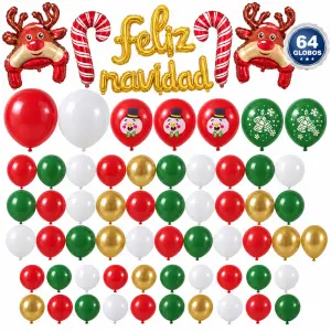 Kit de 64 globos navideños con renos y Feliz Navidad