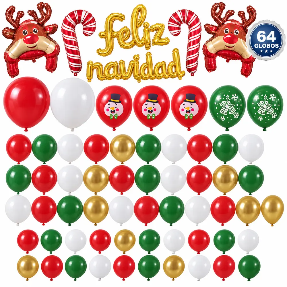 Kit de 64 globos navideños con renos y Feliz Navidad
