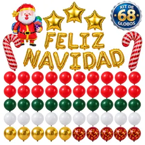 Kit de 68 globos navideños con Santa y letras doradas