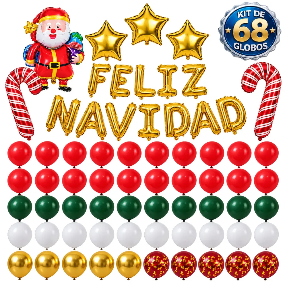 Kit de 68 globos navideños con Santa y letras doradas