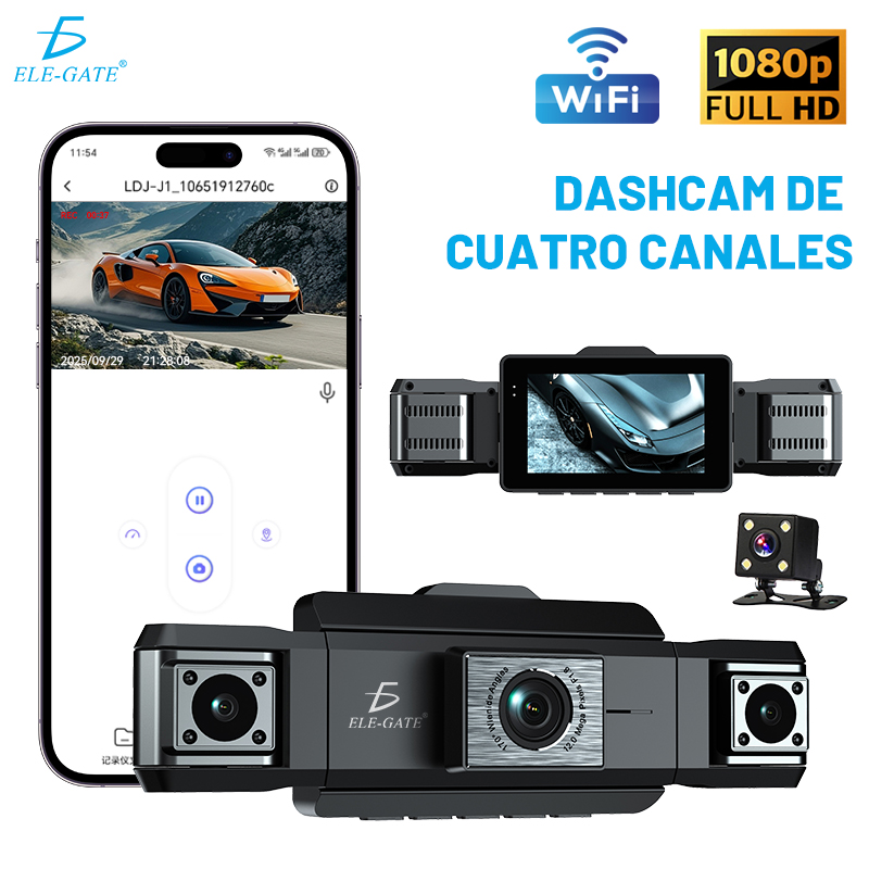 Cámara de Salpicadero 360° HD 1080P Espejo Retrovisor con 4 Cámaras WiFi y Visión Nocturna