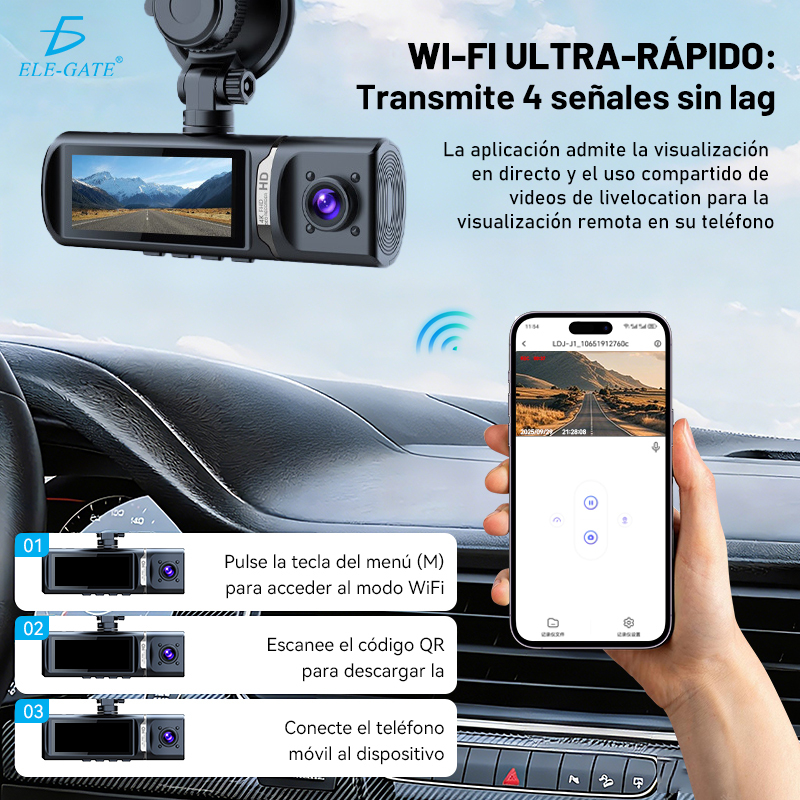 Cámara para Auto 4K 3 Canales con WiFi 5GHz Frontal 4K + Interior 1080P + Trasera 1080P - Image 3
