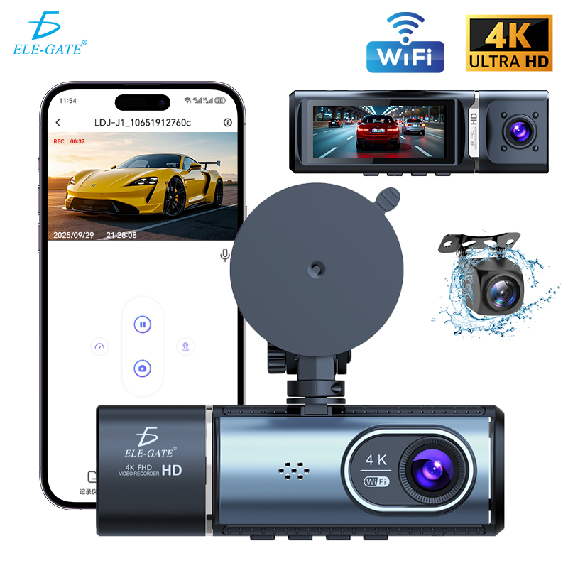Cámara para Auto 4K 3 Canales con WiFi 5GHz Frontal 4K + Interior 1080P + Trasera 1080P
