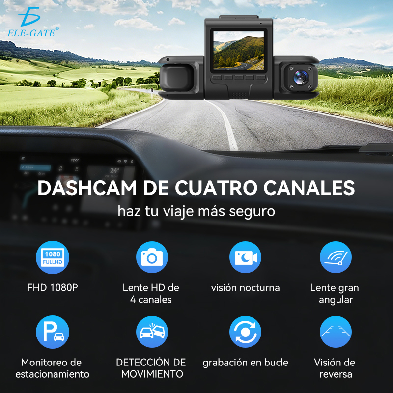 Cámara para Auto 4 Canales 360° 1080P HDR Dash Cam Frontal Trasera Lados e Interior - Image 2