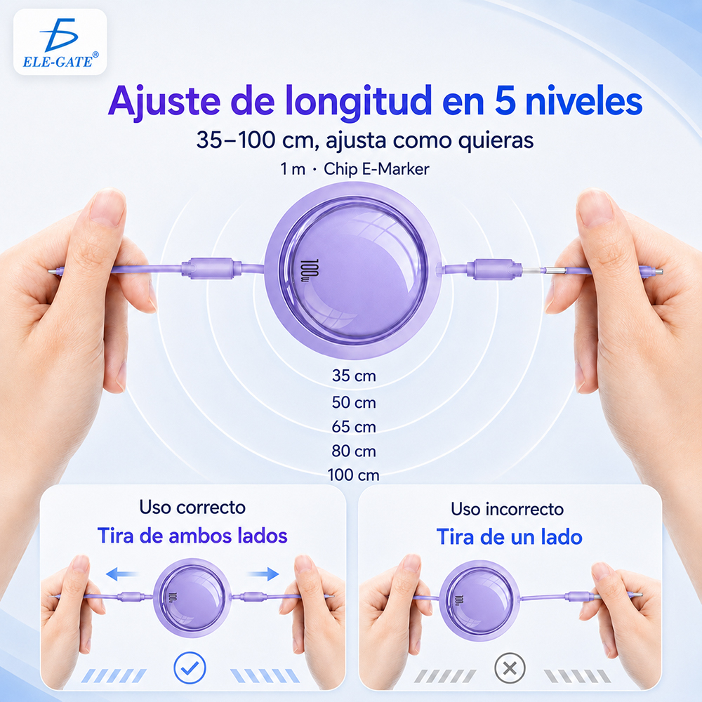 Cable 100W Retráctil 4 en 1 USB-A Type-C y Lightning - Image 2