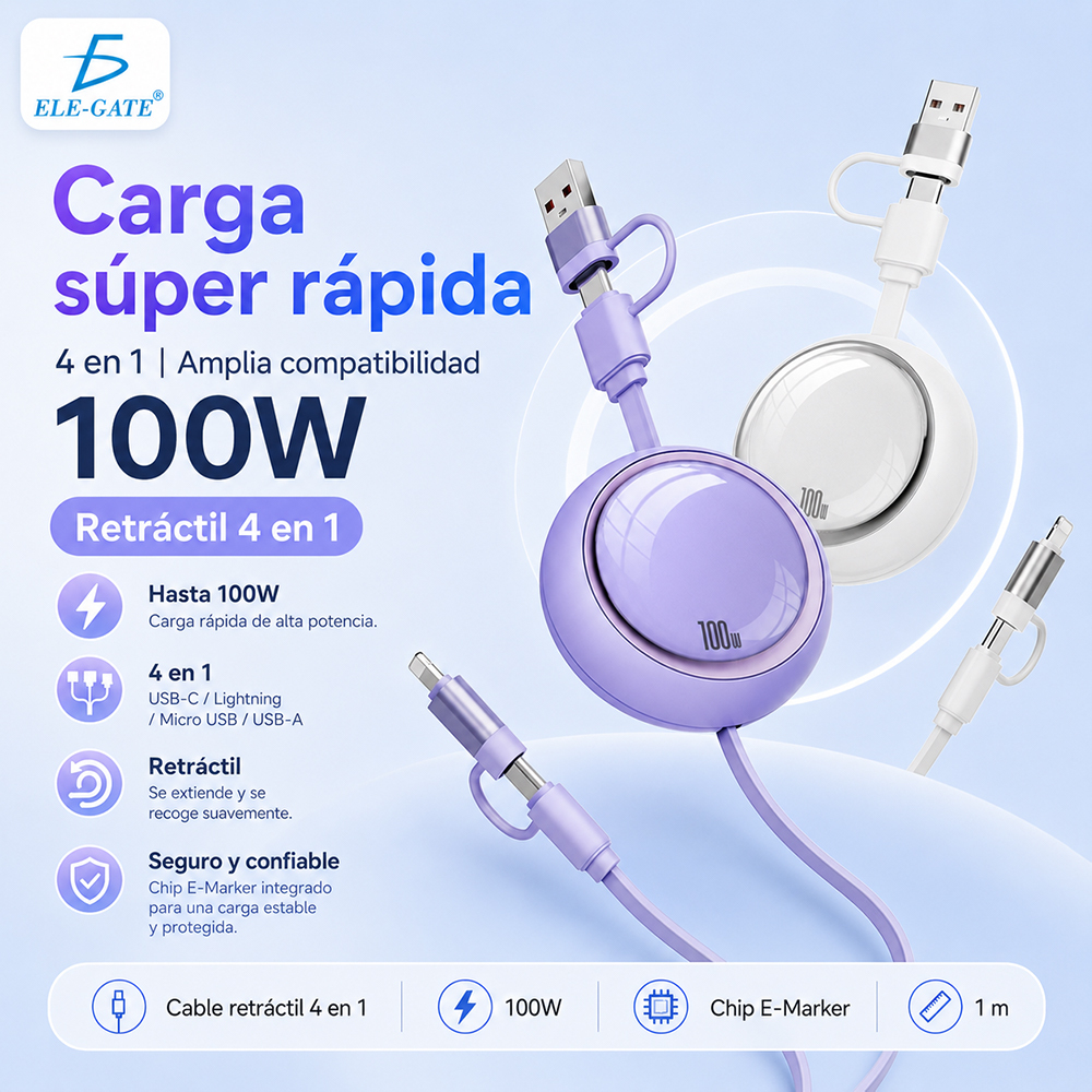 Cable 100W Retráctil 4 en 1 USB-A Type-C y Lightning - Image 3