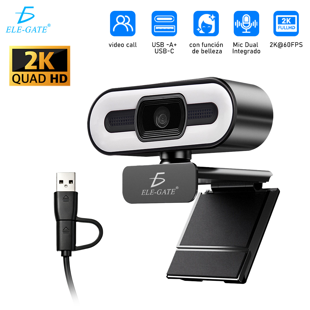 Cámara Web 2K Ultra HD Tipo C+USB con Luz de Relleno Enfoque Automático
