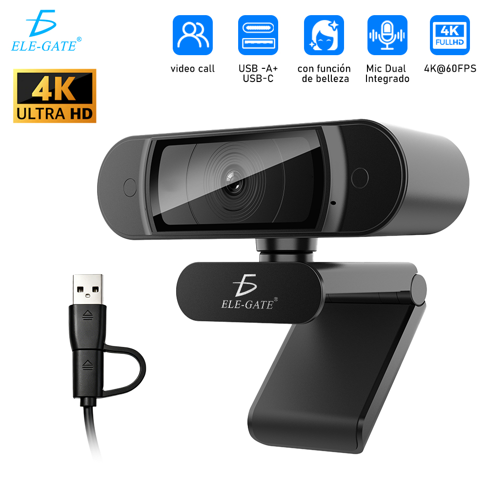 Webcam Ultra HD 4K  Tipo C+USB con Doble Micrófono