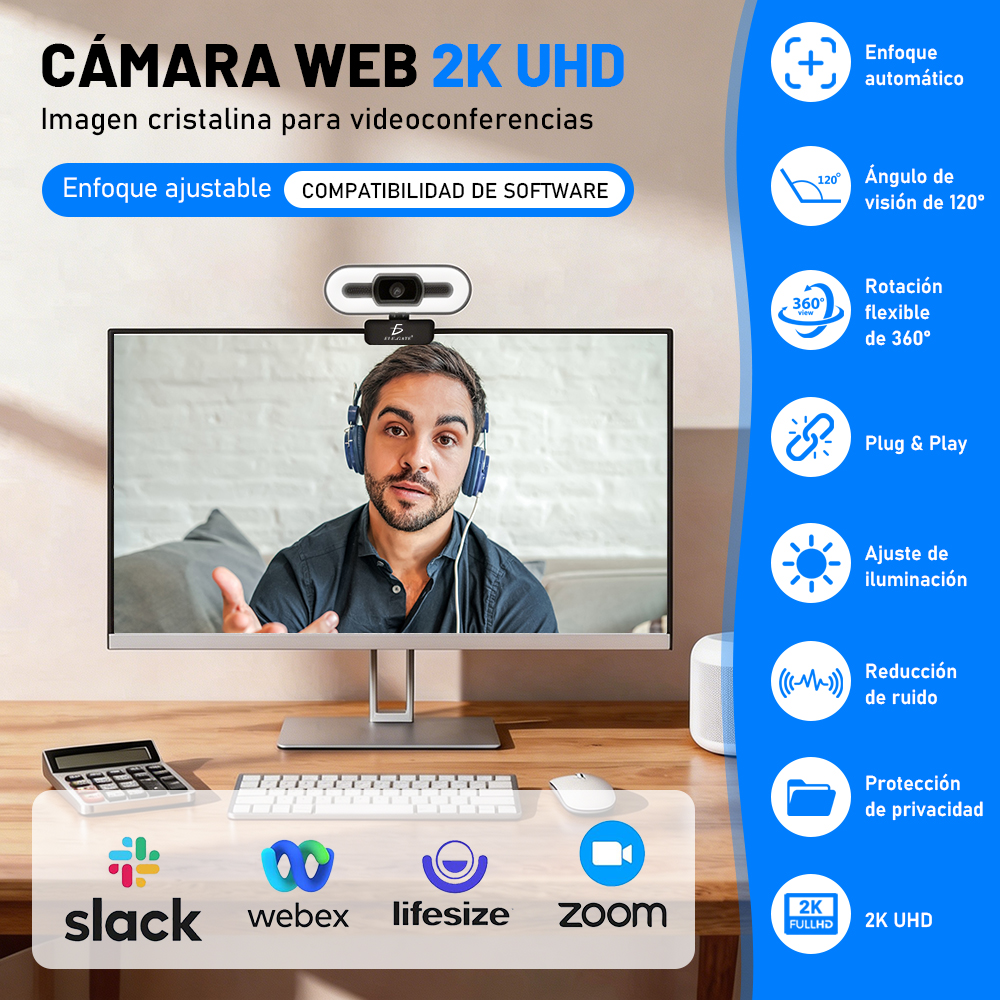Cámara Web 2K Ultra HD Tipo C+USB con Luz de Relleno Enfoque Automático - Image 3