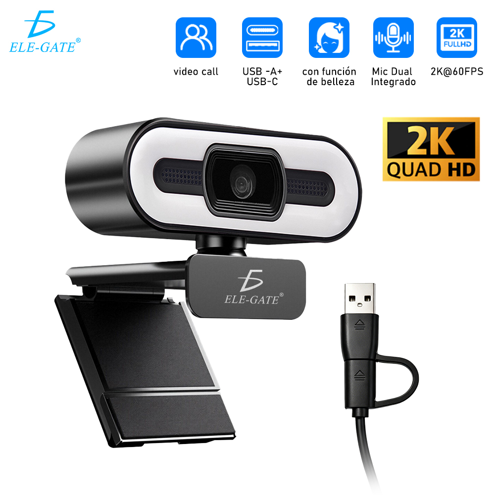 Cámara Web 2K Ultra HD Tipo C+USB con Luz de Relleno Enfoque Automático