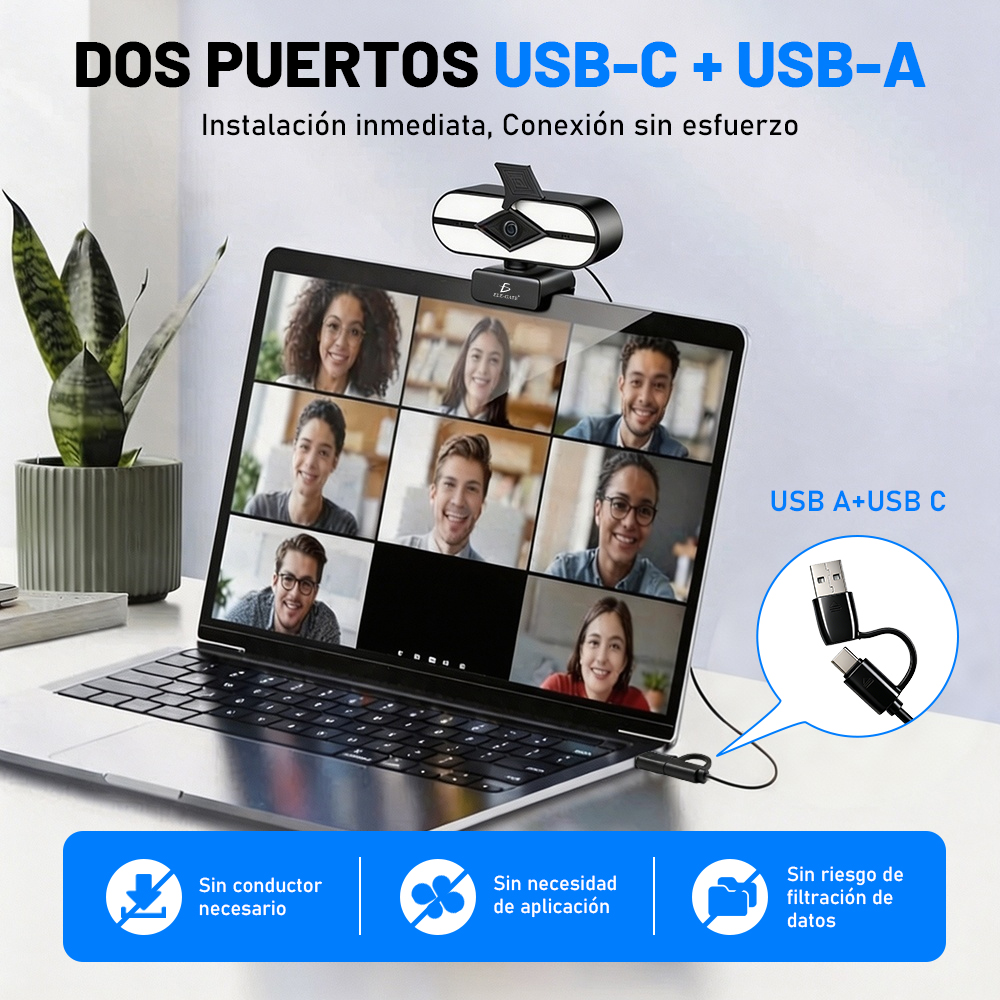 Cámara Web USB 4K Type-C+USB con Luz LED Micrófono Dual Tapa de Privacidad y Plug & Play - Image 4