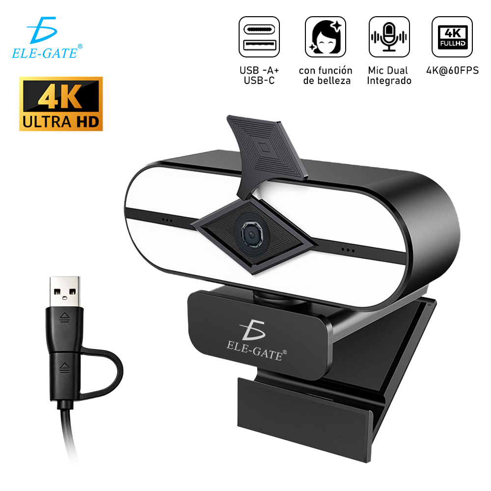 Cámara Web USB 4K Type-C+USB con Luz LED Micrófono Dual Tapa de Privacidad y Plug & Play