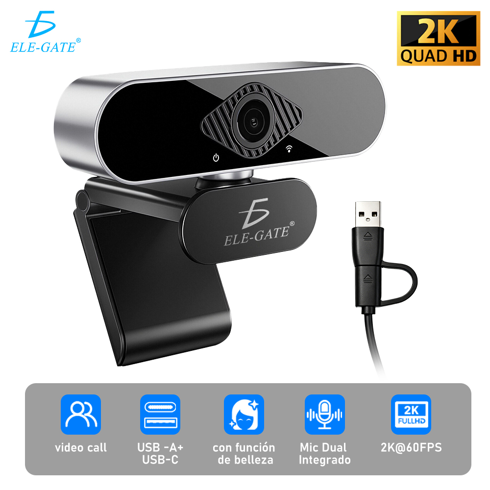 Cámara Web Inteligente 2K con Micrófono HD Tipo C+USB Autoenfoque