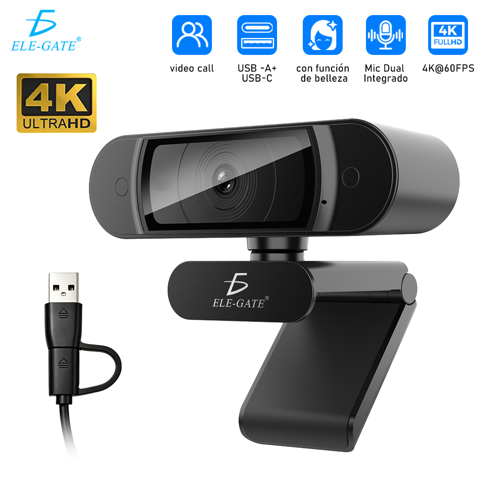 Webcam Ultra HD 4K  Tipo C+USB con Doble Micrófono
