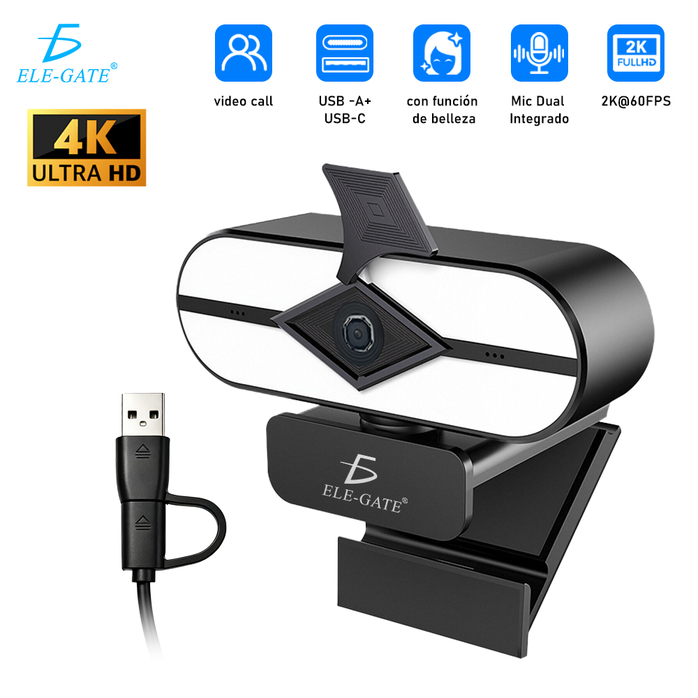 Cámara Web USB 4K Type-C+USB con Luz LED Micrófono Dual Tapa de Privacidad y Plug & Play