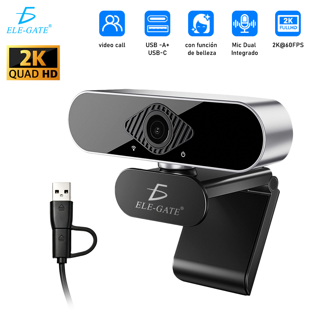 Cámara Web Inteligente 2K con Micrófono HD Tipo C+USB Autoenfoque