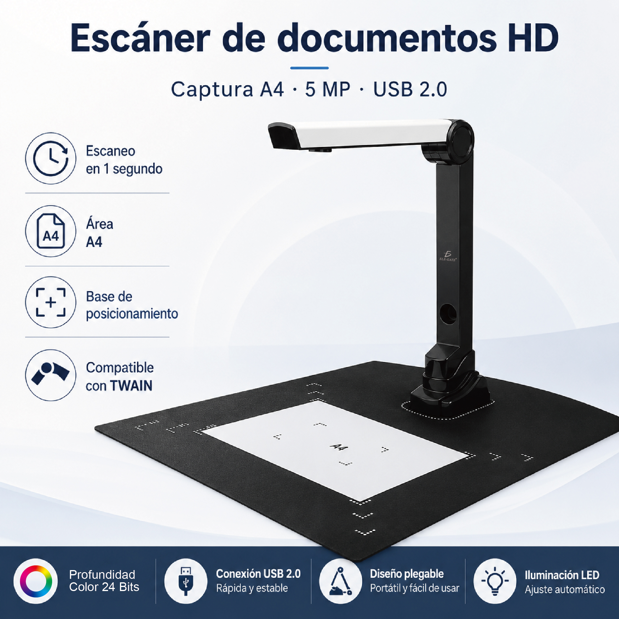 Escáner de documentos A4 HD ELE-GATE con cámara 5MP y base de posicionamiento