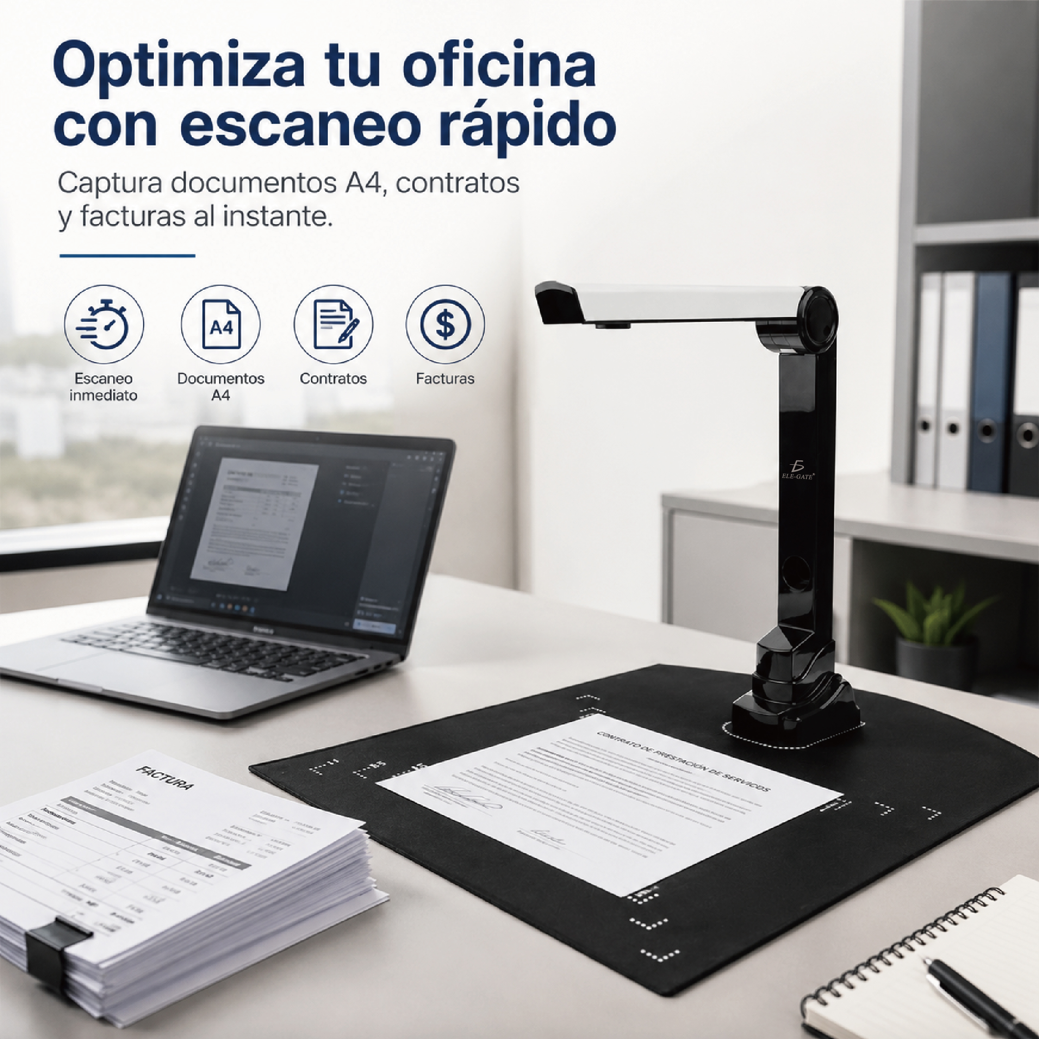 Escáner de documentos portátil con diseño plegable para escritorio