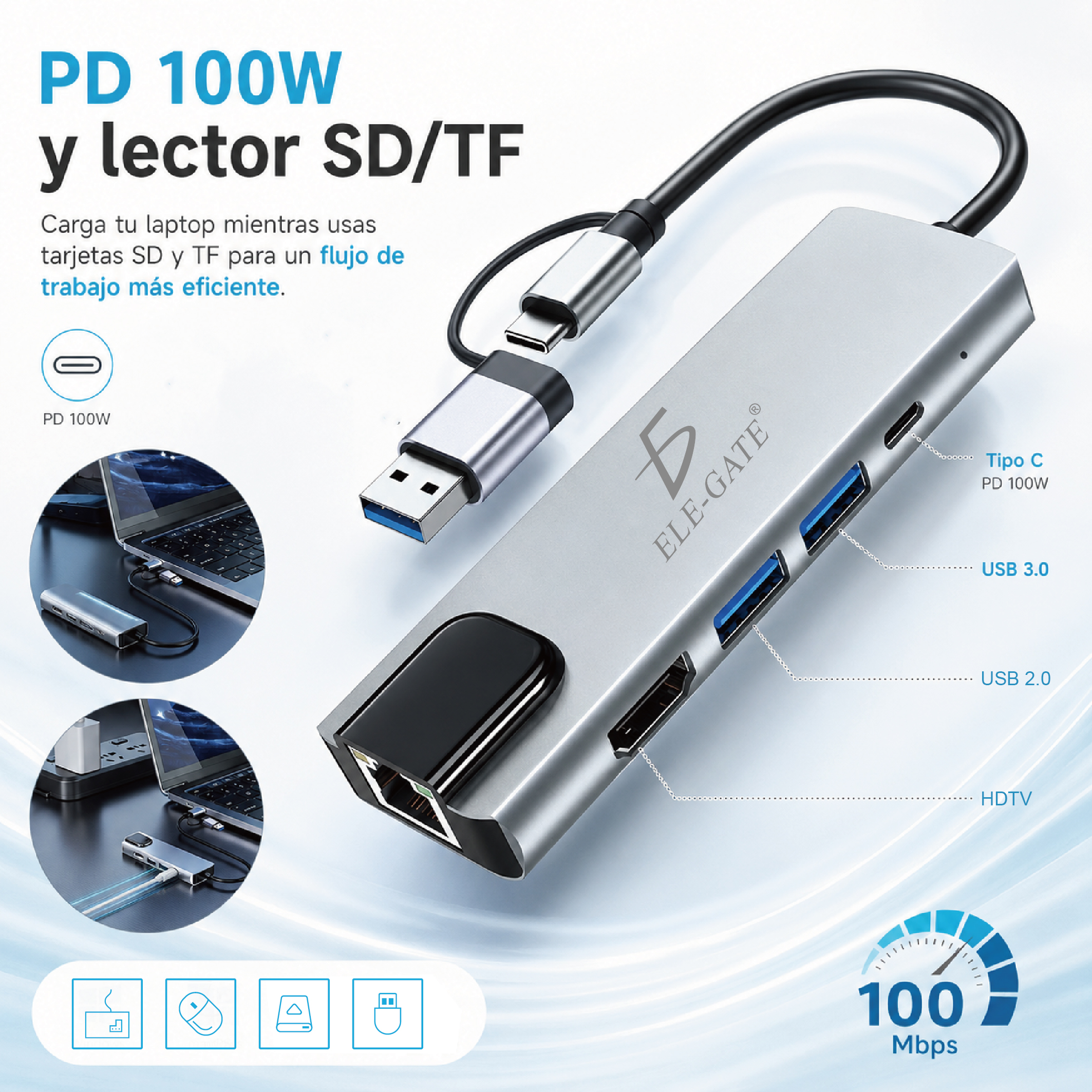 Hub USB-C 2 en 5 con RJ45, HDMI, USB 3.0, PD 100W y lector SD/TF - Image 5