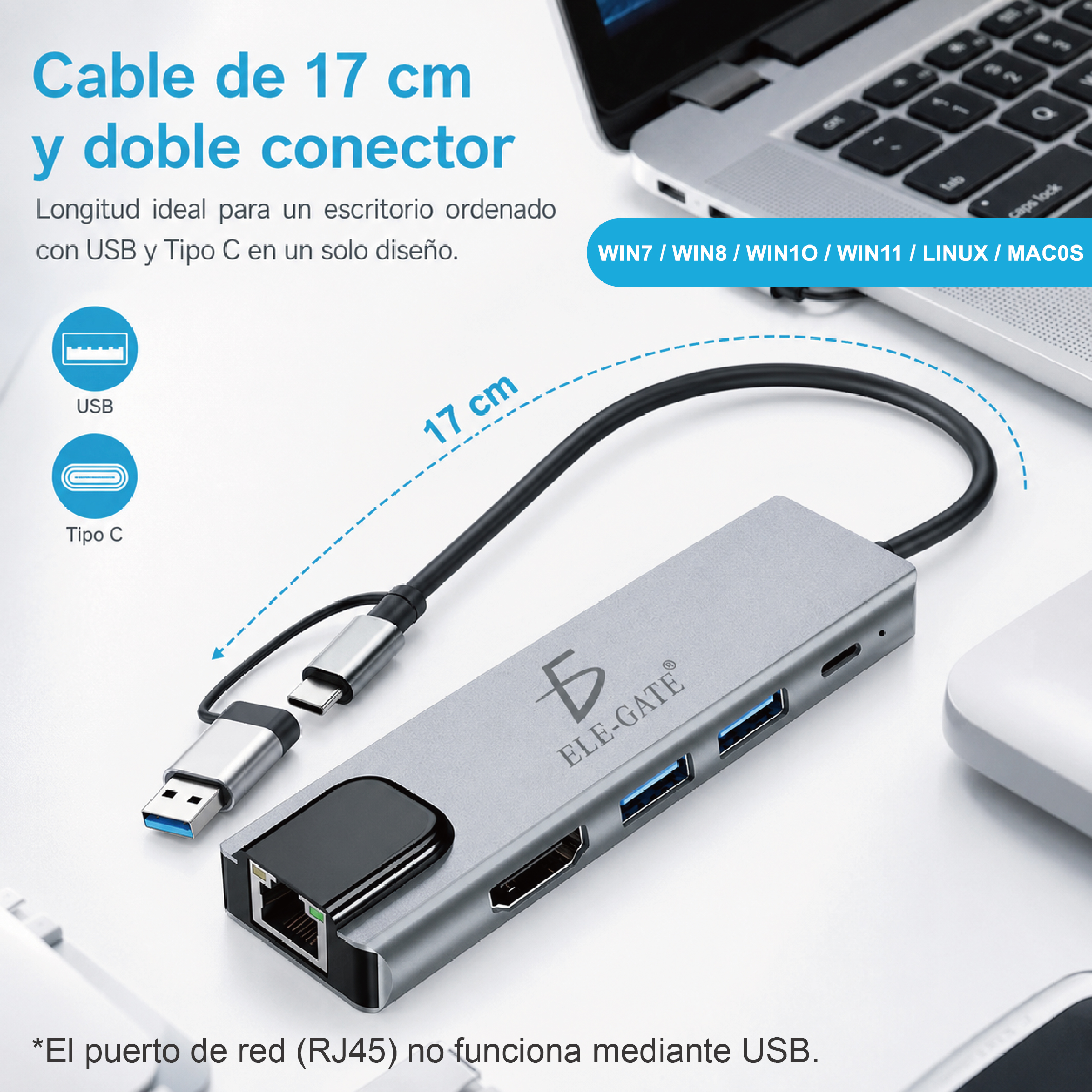 Hub USB-C 2 en 5 con RJ45, HDMI, USB 3.0, PD 100W y lector SD/TF - Image 2