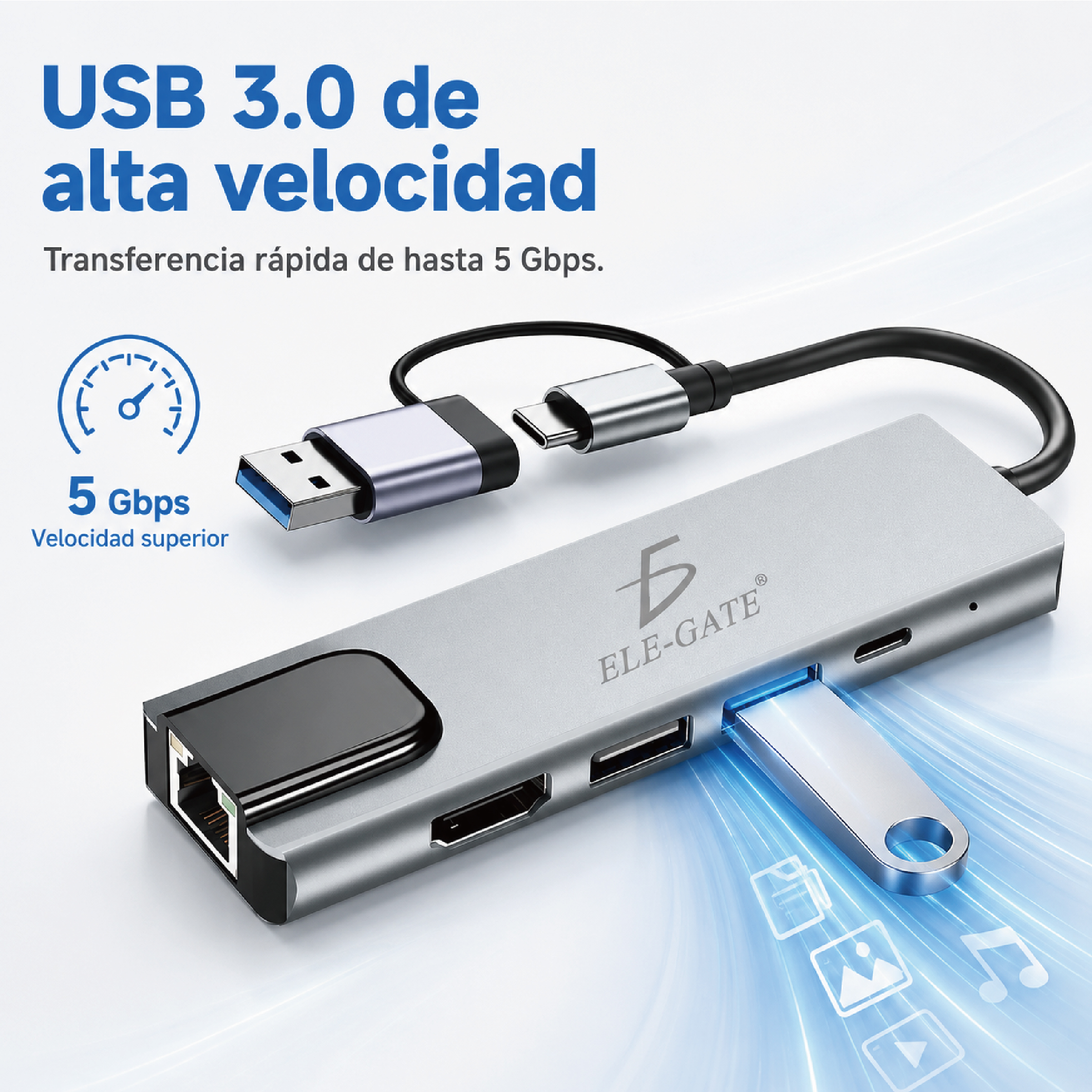 Hub USB-C 2 en 5 con RJ45, HDMI, USB 3.0, PD 100W y lector SD/TF - Image 4