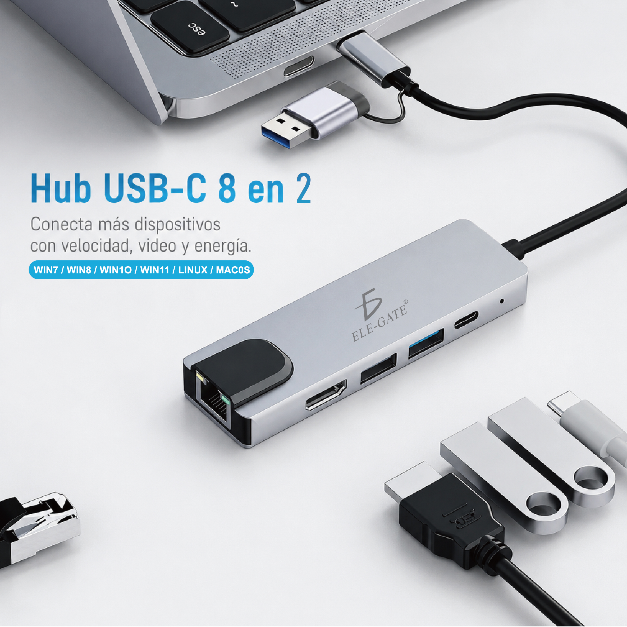 Hub USB-C 2 en 5 con RJ45, HDMI, USB 3.0, PD 100W y lector SD/TF - Image 3