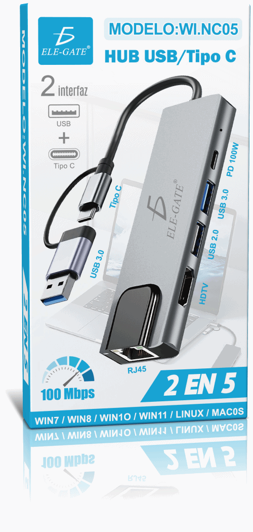 Hub USB-C 2 en 5 con RJ45, HDMI, USB 3.0, PD 100W y lector SD/TF - Image 6
