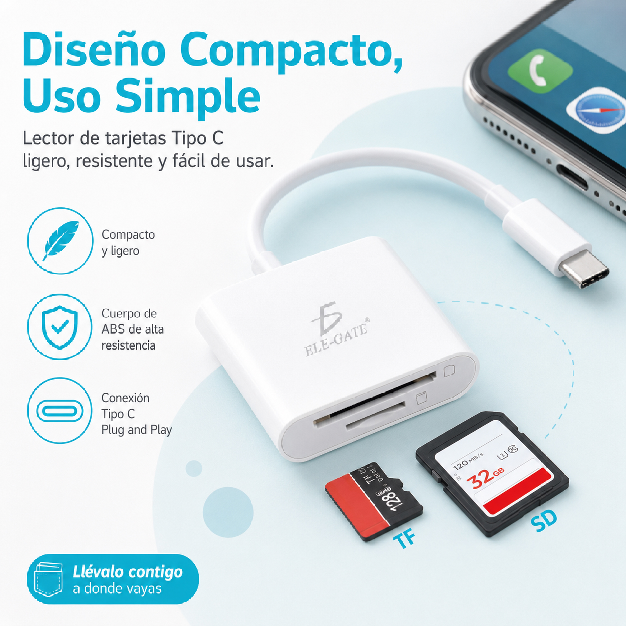 Lector de Tarjetas USB-C 2 en 1 para SD y TF/MicroSD para Celular Tablet y Laptop - Image 2