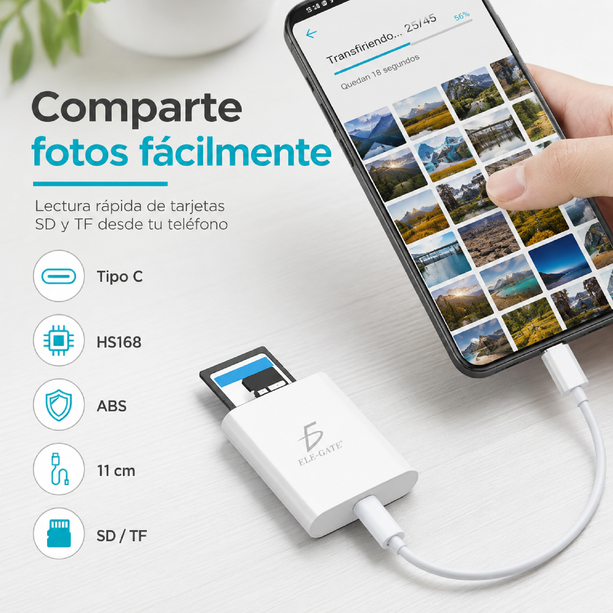 Lector de Tarjetas USB-C 2 en 1 para SD y TF/MicroSD para Celular Tablet y Laptop - Image 5