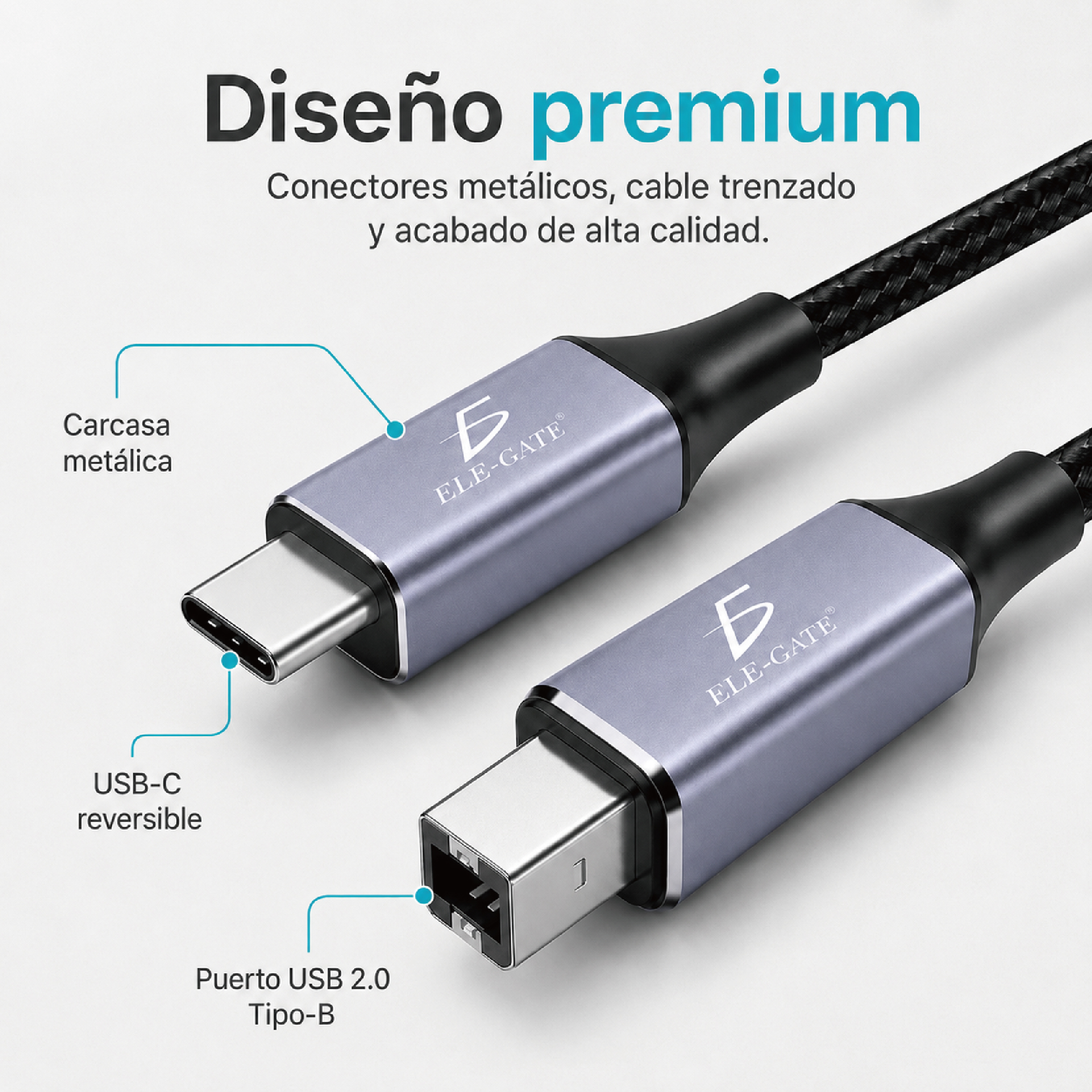 Cable USB-C a USB 2.0 Tipo-B 2M Trenzado para Impresora, Escáner, MIDI e Interfaces de Audio - Image 3